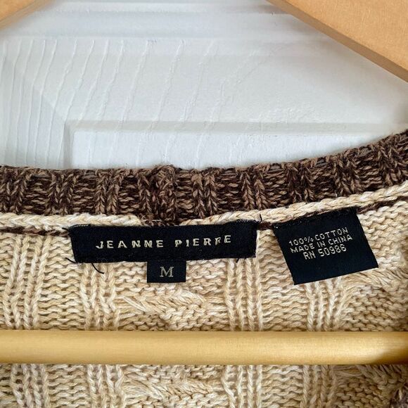 JEANNE PIERRE Cotton Cable Knit Striped Long Tunic Sweater w Pockets Brown / Tan - Picture 4 of 4